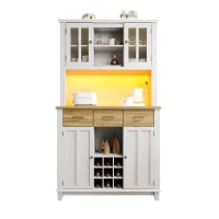 Armoire de cuisine avec éclairage LED, avec étagères réglables et casier à vin, 106×40×179,5 cm, Naturel+Blanc(m-2)