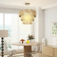 HOMCOM Hemp Rope Ceiling Light, 3-Layer Boho Pendant Light, 4 x E14 Vintage Ceiling Lamp Fixtures for Living Room, Bedroom, Kitchen, Hallway, Light Brown(m-8)