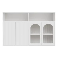 Buffet avec porte en verre, éclairage LED, pour salon et cuisine, 140×35×90 cm, Blanc(m-2)