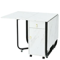 Tavolo da cucina versatile e pieghevole con ruote, con credenza e 2 cassetti, 150x80x76 cm, Bianco e Nero(m-9)