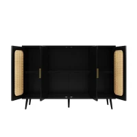 Buffet avec design en rotin, avec portes blister et étagères réglables, 120×35×89 cm, Noir(m-11)
