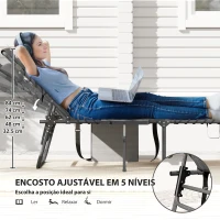Outsunny Espreguiçadeira Dobrável Espreguiçadeira Jardim com Encosto Ajustável Apoio de Cabeça Bolsa Lateral Bandeja 190x60x31 cm Cinza(m-4)