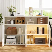 Buffet avec porte en verre, éclairage LED, pour salon et cuisine, 140×35×90 cm, Blanc(m-4)