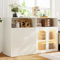 Buffet avec porte en verre, éclairage LED, pour salon et cuisine, 140×35×90 cm, Blanc(m-1)
