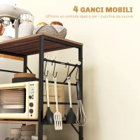HOMCOM Scaffale da Cucina a 3 Livelli Stile Industriale con Ruote e 4 Ganci, Struttura in Acciaio, 60x40x84 cm, Teak(m-5)