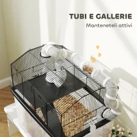 PawHut Gabbia per Criceti a 2 Piani con Ruote, Tubi, Ciotola, Bottiglia e Rampa, 58x43x57 cm, Nero(m-6)