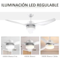 HOMCOM Ventilador de Techo 20,5W con Mando a Distancia Luz LED y 3 Aspas Reversibles 6 Velocidades Ø132x40 cm Blanco(m-5)