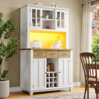 Armoire de cuisine avec éclairage LED, avec étagères réglables et casier à vin, 106×40×179,5 cm, Naturel+Blanc(m-1)