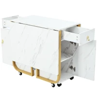 Table à manger pliable polyvalente avec roulettes, 150×80×76 cm, Blanc+Or(m-9)
