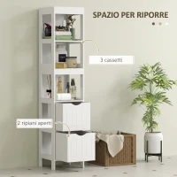 HOMCOM Mobile Bagno con 3 Ripiani Aperti e 2 Cassetti in Legno, 30x30x141.2 cm, Bianco(m-4)