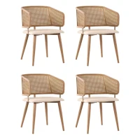Set de 4 scaune de sufragerie cu spătar din ratan, pernă de șezut din piele PU, 51x54x79 cm, Bej+Maro(m-1)