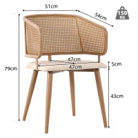 Set de 4 scaune de sufragerie cu spătar din ratan, pernă de șezut din piele PU, 51x54x79 cm, Bej+Maro(m-3)