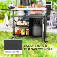 Outsunny Outdoor BBQ Trolley with Foldable Side Table, Stainless Steel Top, Outdoor Kitchen with Wheels Hooks Shelves Cabinet, Pizza Oven Table Movable Barbecue Grill Dining Cart with Cover, Black(m-7)