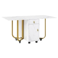 Table à manger pliable polyvalente avec roulettes, 150×80×76 cm, Blanc+Or(m-2)