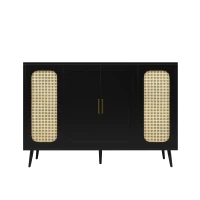 Buffet avec design en rotin, avec portes blister et étagères réglables, 120×35×89 cm, Noir(m-2)