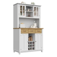 Armoire de cuisine avec éclairage LED, avec étagères réglables et casier à vin, 106×40×179,5 cm, Naturel+Blanc(m-6)