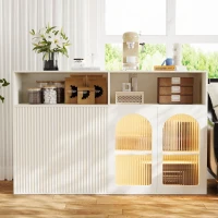 Buffet avec porte en verre, éclairage LED, pour salon et cuisine, 140×35×90 cm, Blanc(m-5)