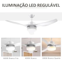 HOMCOM Ventoinha de Teto 20,5W Diâmetro 132cm com Controle Remoto Luz LED Ajustável em 3 Níveis 3 Lâminas Reversíveis 6 Velocidades e Temporizador para Dormitório Sala de Estar Branco(m-5)
