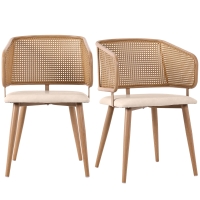 Conjunto de 2 Cadeiras de Jantar com Encosto em Rattan, Almofada de Assento em Couro Sintético, 51x54x79 cm, Bege