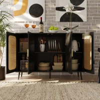 Buffet avec design en rotin, avec portes blister et étagères réglables, 120×35×89 cm, Noir(m-4)