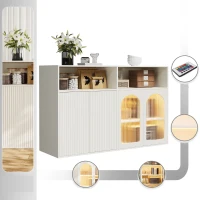 Buffet avec porte en verre, éclairage LED, pour salon et cuisine, 140×35×90 cm, Blanc(m-6)