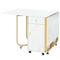 Table à manger pliable polyvalente avec roulettes, 150×80×76 cm, Blanc+Or(m-8)