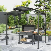 Outsunny Grillpavillon 250 x 160 x 250 cm wasserdicht Gartenpavillon mit Doppelschichtdach, Seitenregalen Schwarz(m-2)
