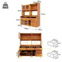 Mobile alto per la sala da pranzo, dotato di porte in vetro e portabicchieri da vino, spazio di stoccaggio multistrato, 145×39×171 cm, Colore noce(m-3)