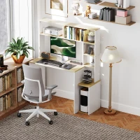 HOMCOM Computerbureau, Bureau met Open Rekken en Planken, van Staal, Lichtbruin+Wit(m-7)