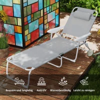 Outsunny Sonnenliege klappbar Gartenliege mit Kopfkissen, Liegestuhl mit 4-Fach verstellbare Rückenlehne bis 120 kg Hellgrau(m-4)