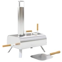 Outsunny Forno per Pizza a Pellet di Legno con Pietra Refrattaria e Pala, in Acciaio Inox, 79x36x75 cm, Argento(m-10)
