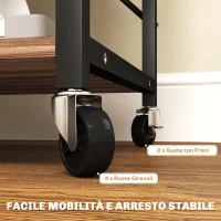 HOMCOM Scaffale da Cucina a 3 Livelli Stile Industriale con Ruote e 4 Ganci, Struttura in Acciaio, 60x40x84 cm, Teak(m-6)