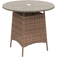 Outsunny Wicker Garden Rattan Table, Patio Furniture Outdoor Coffee Table with Umbrella Hole and Tempered Glass Top, Brown(m-1)