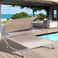 Outsunny Bain de Soleil 2 Places lit de Jardin Design Contemporain Toit réglable 2 roulettes 2 oreillers Acier époxy Polyester Sable(m-9)