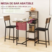 HOMCOM Conjunto de Mesa de Bar con Laterales Abatibles Soporte para Vinos y 2 Taburetes de Estilo Industrial Marrón y Negro(m-4)