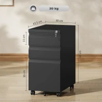 Vinsetto 3-Drawer Steel Filing Cabinet with Lock and Wheels - Black(m-3)