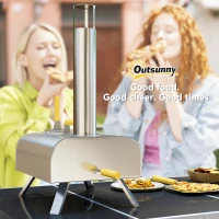 Outsunny Forno per Pizza a Pellet di Legno con Pietra Refrattaria e Pala, in Acciaio Inox, 79x36x75 cm, Argento(m-9)