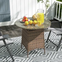 Outsunny Wicker Garden Rattan Table, Patio Furniture Outdoor Coffee Table with Umbrella Hole and Tempered Glass Top, Brown(m-8)