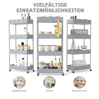 HOMCOM Keukenwagen met 4 Schappen, 4 Flexibele Haken, 4 Wielen, 40 cm x 19 cm x 90 cm, Niswagen, Grijs(m-6)