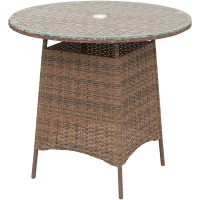 Outsunny Wicker Garden Rattan Table, Patio Furniture Outdoor Coffee Table with Umbrella Hole and Tempered Glass Top, Brown(m-11)