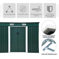 Outsunny Casuta pentru Gradina din Otel cu 2 Usi Glisante, 255x131x160-182 cm, Verde(m-5)