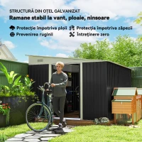 Magazie de Gradina Outsunny cu Usa Glisanta si Orificii de Aerisire, din Otel Galvanizat, 345x280.5x169-201 cm, Negru(m-5)
