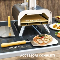 Outsunny Forno per Pizza a Pellet di Legno con Pietra Refrattaria e Pala, in Acciaio Inox, 79x36x75 cm, Argento(m-7)