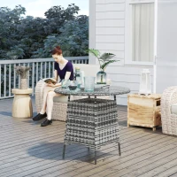 Outsunny Wicker Garden Rattan Table, Patio Furniture Outdoor Coffee Table with Umbrella Hole and Tempered Glass Top, Grey(m-2)
