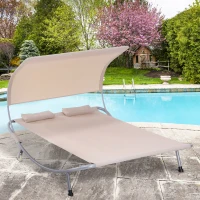 Outsunny Bain de Soleil 2 Places lit de Jardin Design Contemporain Toit réglable 2 roulettes 2 oreillers Acier époxy Polyester Sable(m-8)