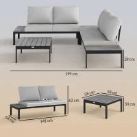 Outsunny Four-Piece Garden Corner Sofa Set with 2 Loveseats and 2 Coffee Tables - Grey(m-3)