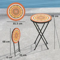 Outsunny Mosaic Outdoor Garden Table, 35.5cm Round Folding Coffee Table with Metal Frame for Balcony Terrace, Orange(m-3)