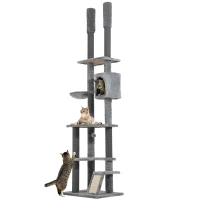 PawHut Kratzbaum, 4 Etagen, deckenhoch, verstellbar 225-255 cm, Hängematte, Haus, Grau(m-1)