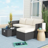 Outsunny Five Piece Rattan Garden Furniture Set with Gas Fire Pit Table and Footstool - Black and Cream White(m-9)