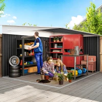 Magazie de Gradina Outsunny cu Usa Glisanta si Orificii de Aerisire, din Otel Galvanizat, 345x280.5x169-201 cm, Negru(m-4)